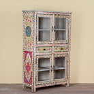 Side angle image of a Sasha hand painted reclaimed wood display cabinet with glass doors 150cm
