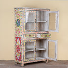 Side angle image with open doors of a Sasha hand painted reclaimed wood display cabinet with glass doors 150cm