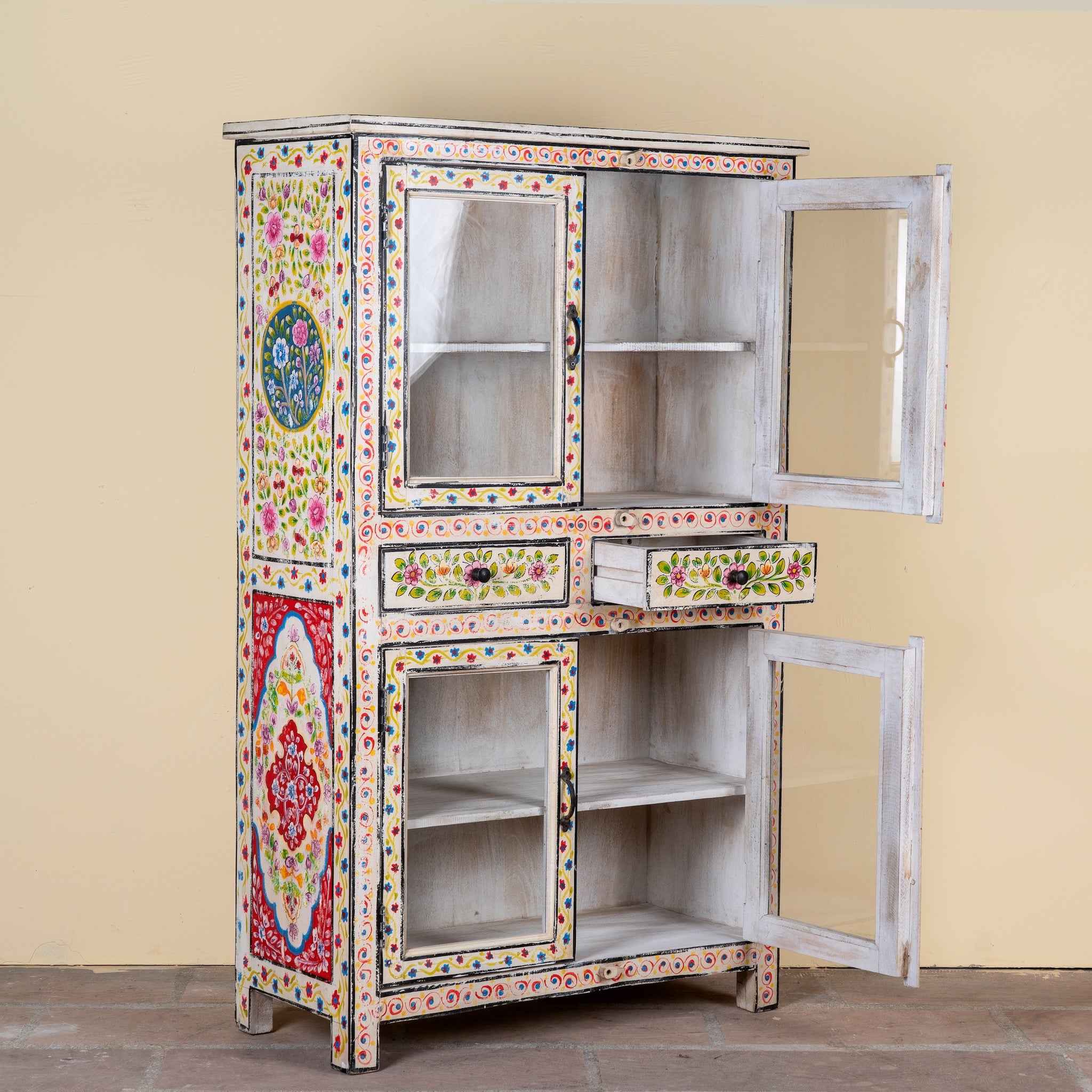 Side angle image with open doors of a Sasha hand painted reclaimed wood display cabinet with glass doors 150cm