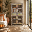 Lifestyle image of a image of a Sasha hand painted reclaimed wood display cabinet with glass doors 150cm