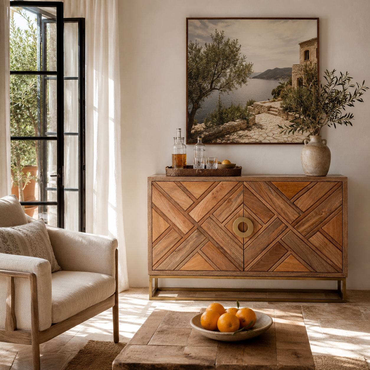 Lifestyle image of a handcrafted mango wood sideboard with tiled front design, brass stand, and handles—minimalistic style furniture blending natural warmth with refined elegance.