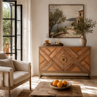 Lifestyle image of a handcrafted mango wood sideboard with tiled front design, brass stand, and handles—minimalistic style furniture blending natural warmth with refined elegance.