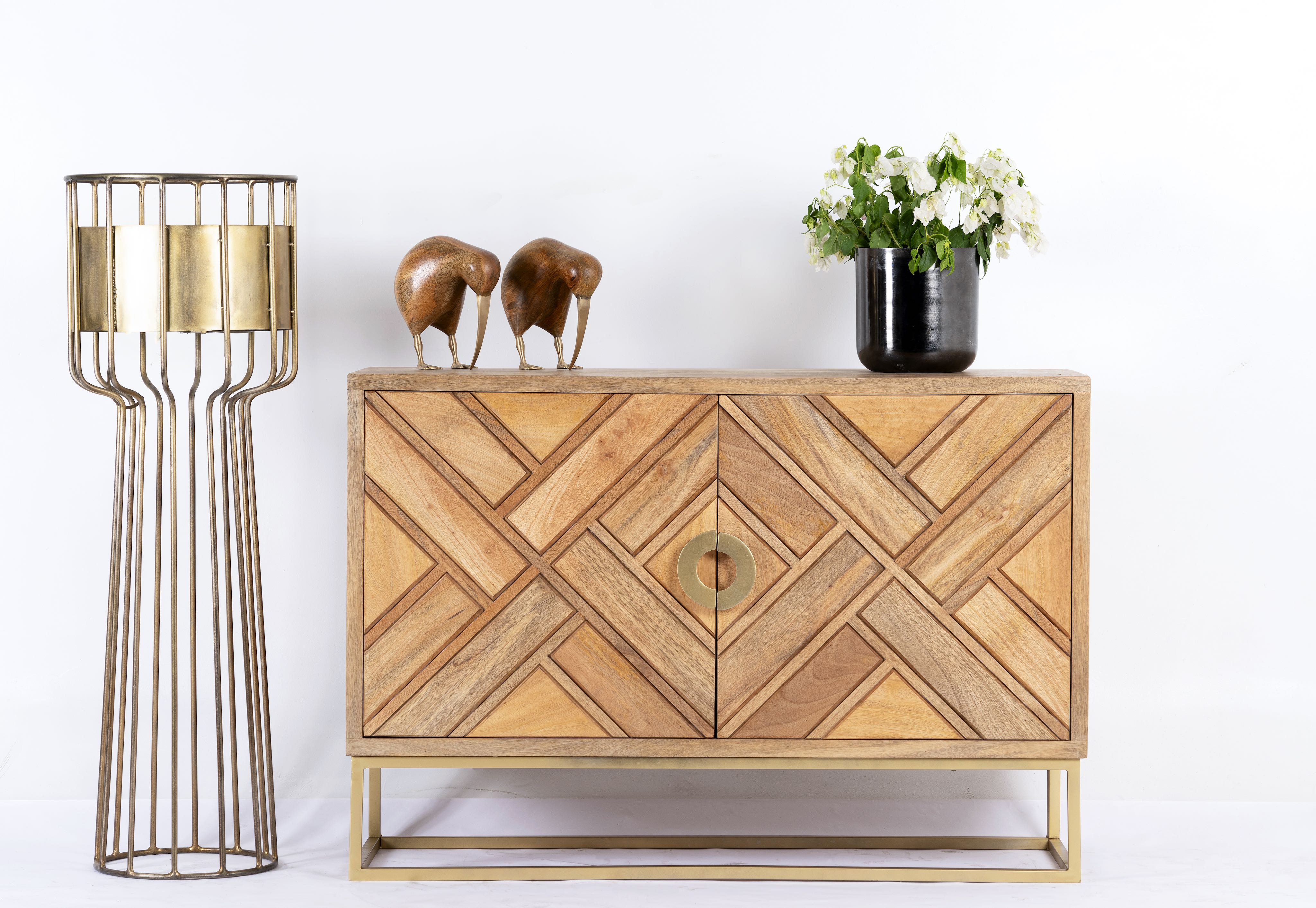 Handcrafted mango wood sideboard with tiled front design, brass stand, and handles—minimalistic style furniture blending natural warmth with refined elegance.