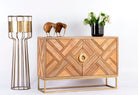 Side angle image of a handcrafted mango wood sideboard with tiled front design, brass stand, and handles—minimalistic style furniture blending natural warmth with refined elegance.