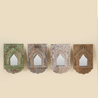 Hand-carved wooden wall mirrors Sathvik with ornate jharokha arches and floral detailing, available in various vintage finishes. A unique Indian decoration and vintage home accessory perfect for vintage home decor settings.