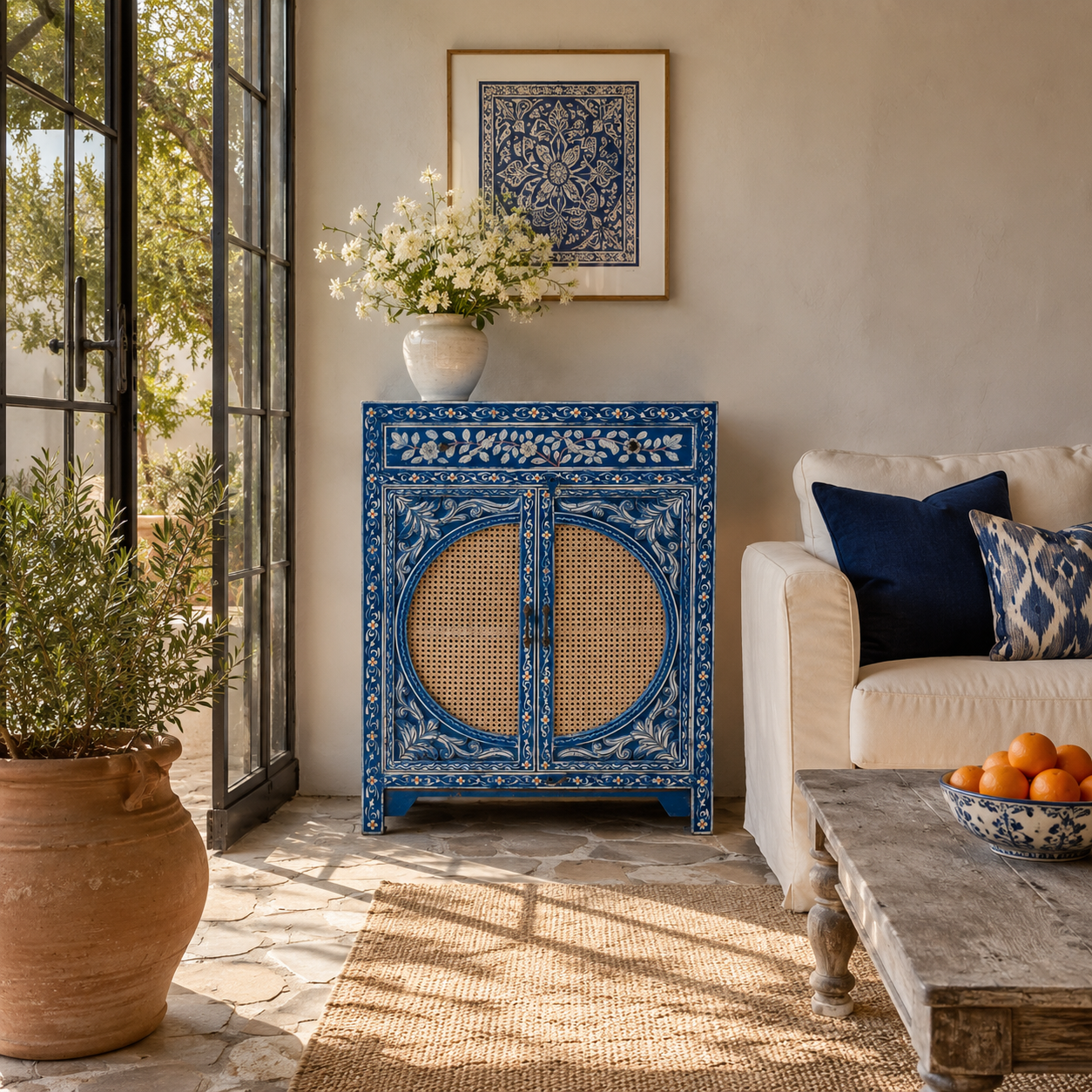 Lifestyle image of a Satya hand painted reclaimed wood cabinet with natural rattan doors 105cm