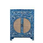 White background image of a Satya hand painted reclaimed wood cabinet with natural rattan doors 105cm