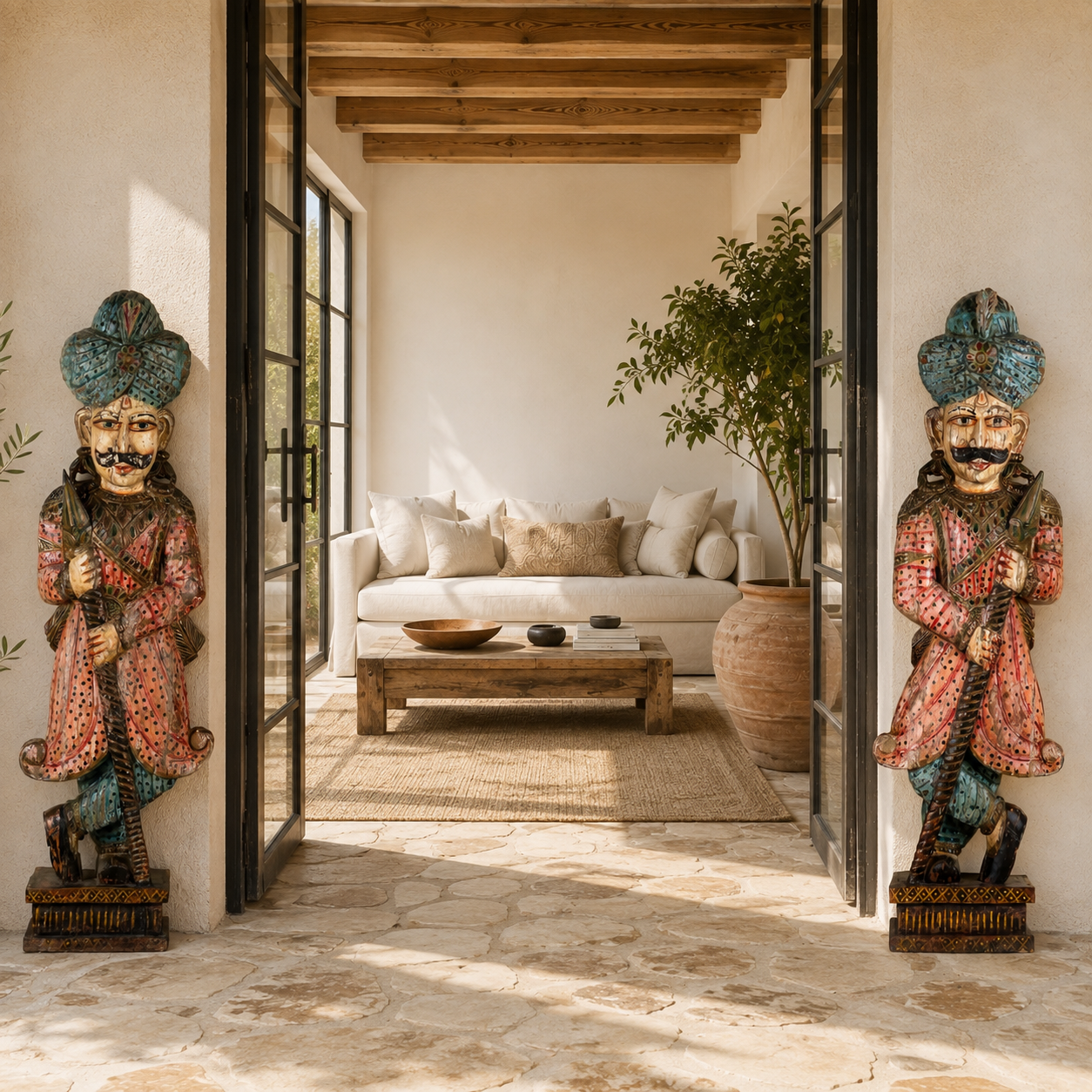 Lifestyle image of a Satyajit hand carved and hand painted reclaimed wood Rajasthani palace guard statues in traditional dress 153cm