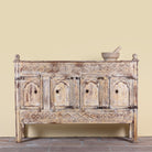 Satyam hand carved reclaimed wood sideboard with four arched doors and distressed cream vintage finish 153cm