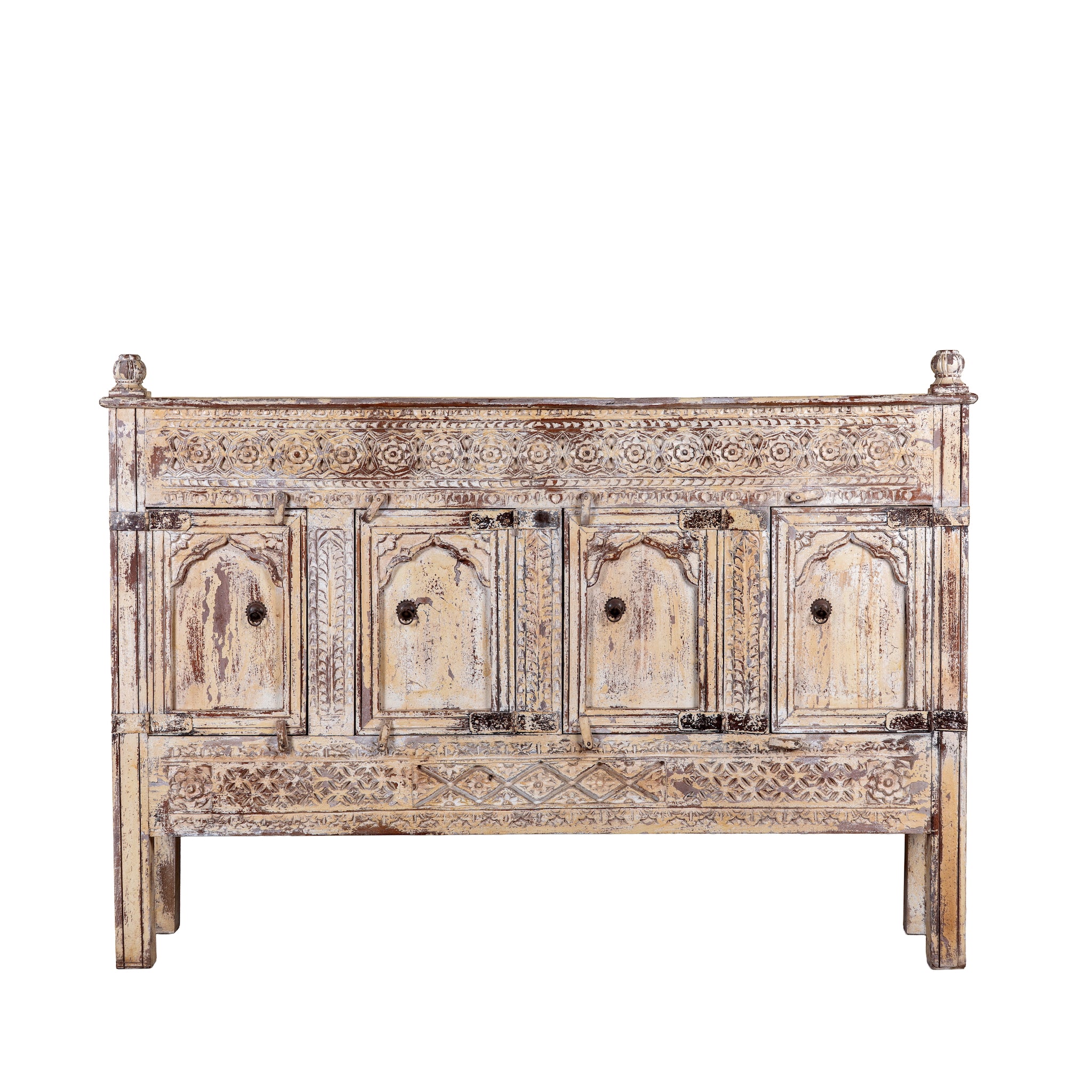 White background image of a Satyam hand carved reclaimed wood sideboard with four arched doors and distressed cream vintage finish 153cm