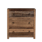 White background image of a three-drawer dresser in Driftwood/Wabi Sabi style made from recycled old wood, featuring a naturally weathered finish with visible grain patterns and metal ring pull handles for a rustic, handcrafted look.

