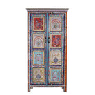 White background image of a Saya hand painted reclaimed wood cabinet with colourful Indian artwork 180cm