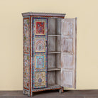 Side angle image with open door of a Saya hand painted reclaimed wood cabinet with colourful Indian artwork 180cm