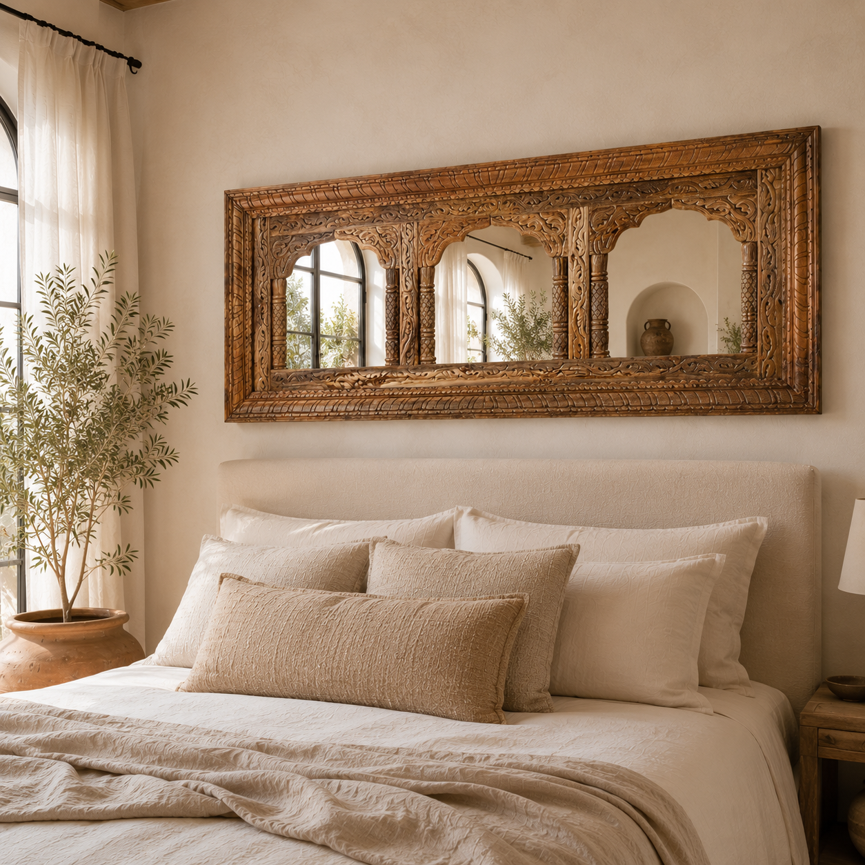 Lifestyle image of a hand-carved mango wood mirror Sayla with floral motifs and natural finish. A horizontal wall mirror that blends mango wood furniture craftsmanship with timeless elegance.