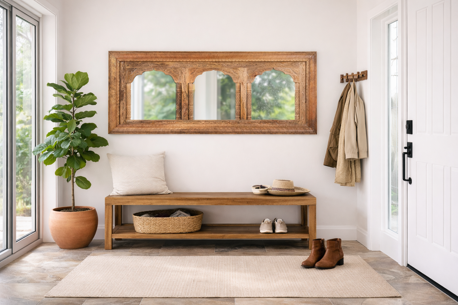 Lifestyle imagination of a hand-carved mango wood mirror Sayla with floral motifs and natural finish. A horizontal wall mirror that blends mango wood furniture craftsmanship with timeless elegance.