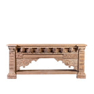 Wite background image of a Sayon large carved reclaimed teak console table with antique Indian house elements and lower shelf, 216x54x92cm