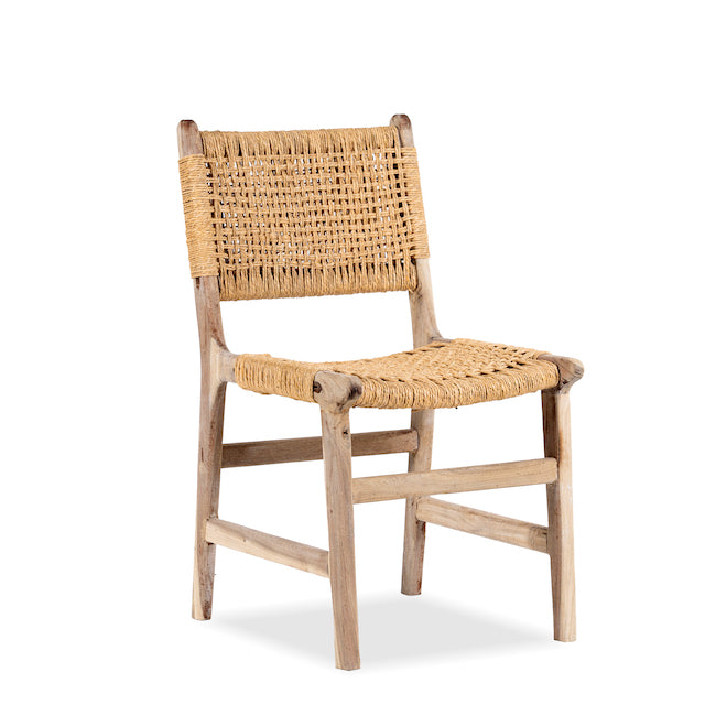 White background image of a handcrafted Ibiza style wooden chair made from recycled teak with upholstered seat and natural weed canopy, 45 × 50 × 47 cm, backrest height 85 cm.