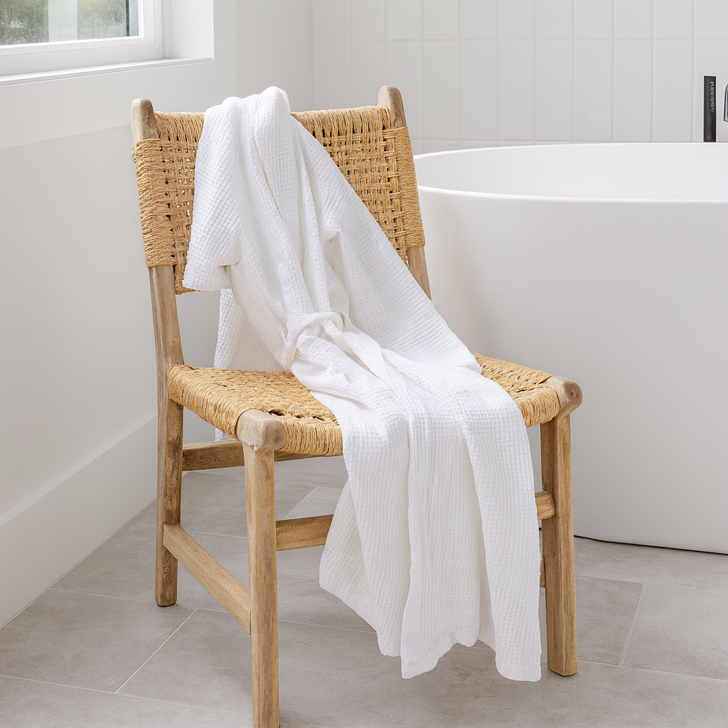 Lifestyle imagination of a handcrafted Ibiza style wooden chair made from recycled teak with upholstered seat and natural weed canopy, 45 × 50 × 47 cm, backrest height 85 cm.