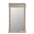 White background image of a Serena antique reclaimed teak wood wall mirror made from an original teak window frame with hand-carved details, bleached finish, 98x13x165cm.