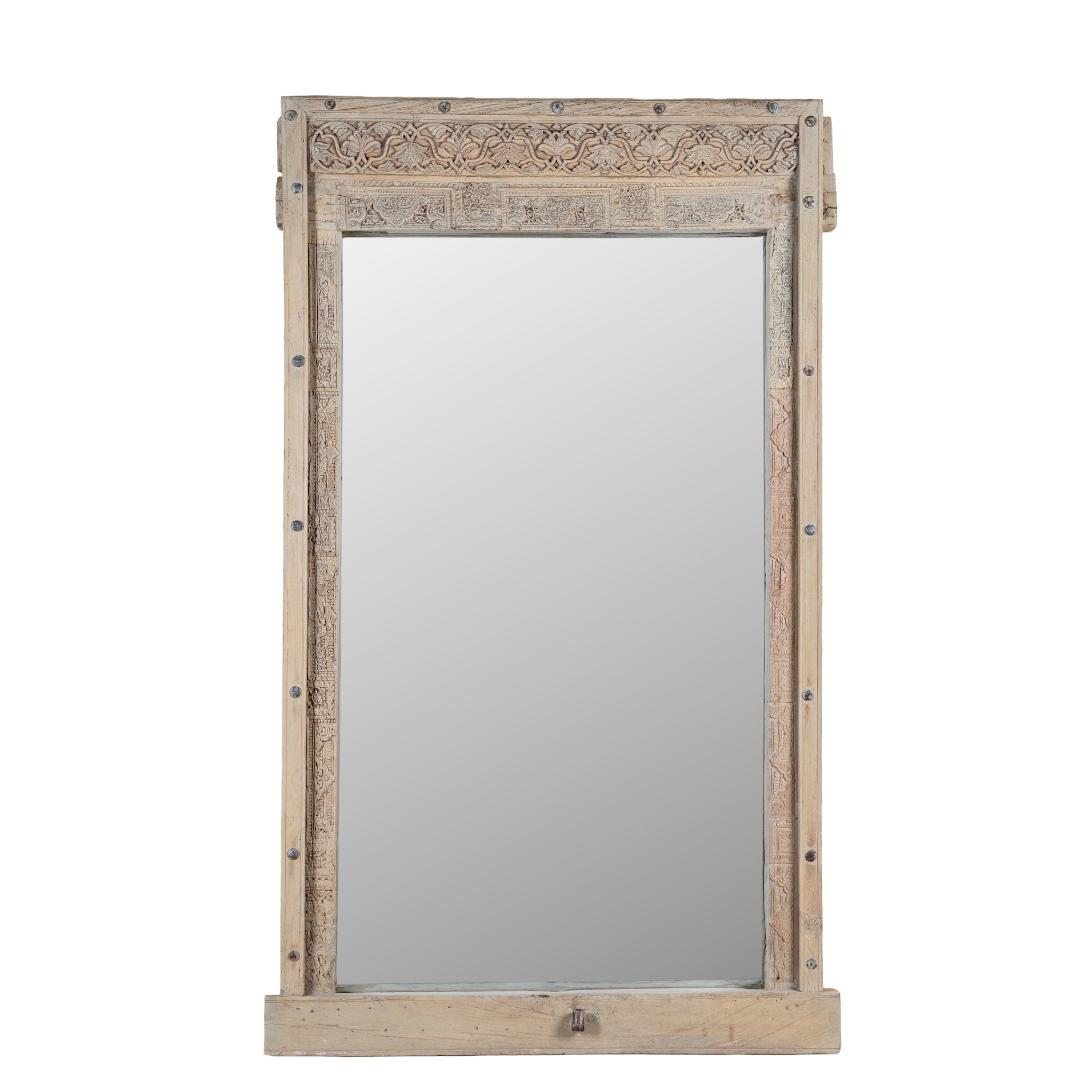 White background image of a Serena antique reclaimed teak wood wall mirror made from an original teak window frame with hand-carved details, bleached finish, 98x13x165cm.