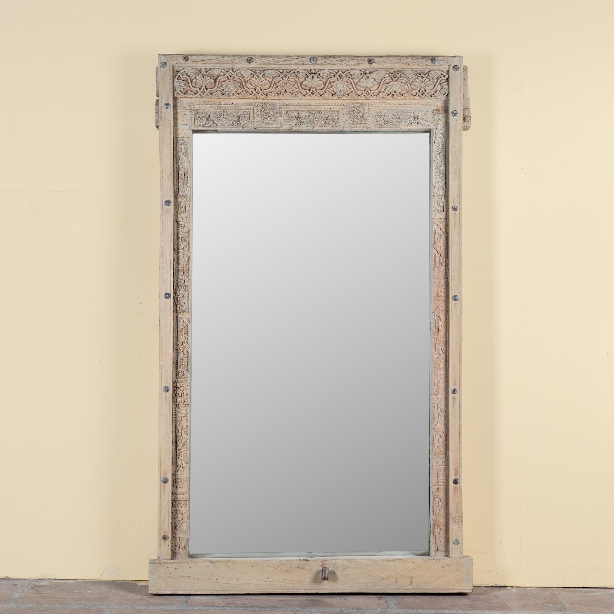 Serena antique reclaimed teak wood wall mirror made from an original teak window frame with hand-carved details, bleached finish, 98x13x165cm.