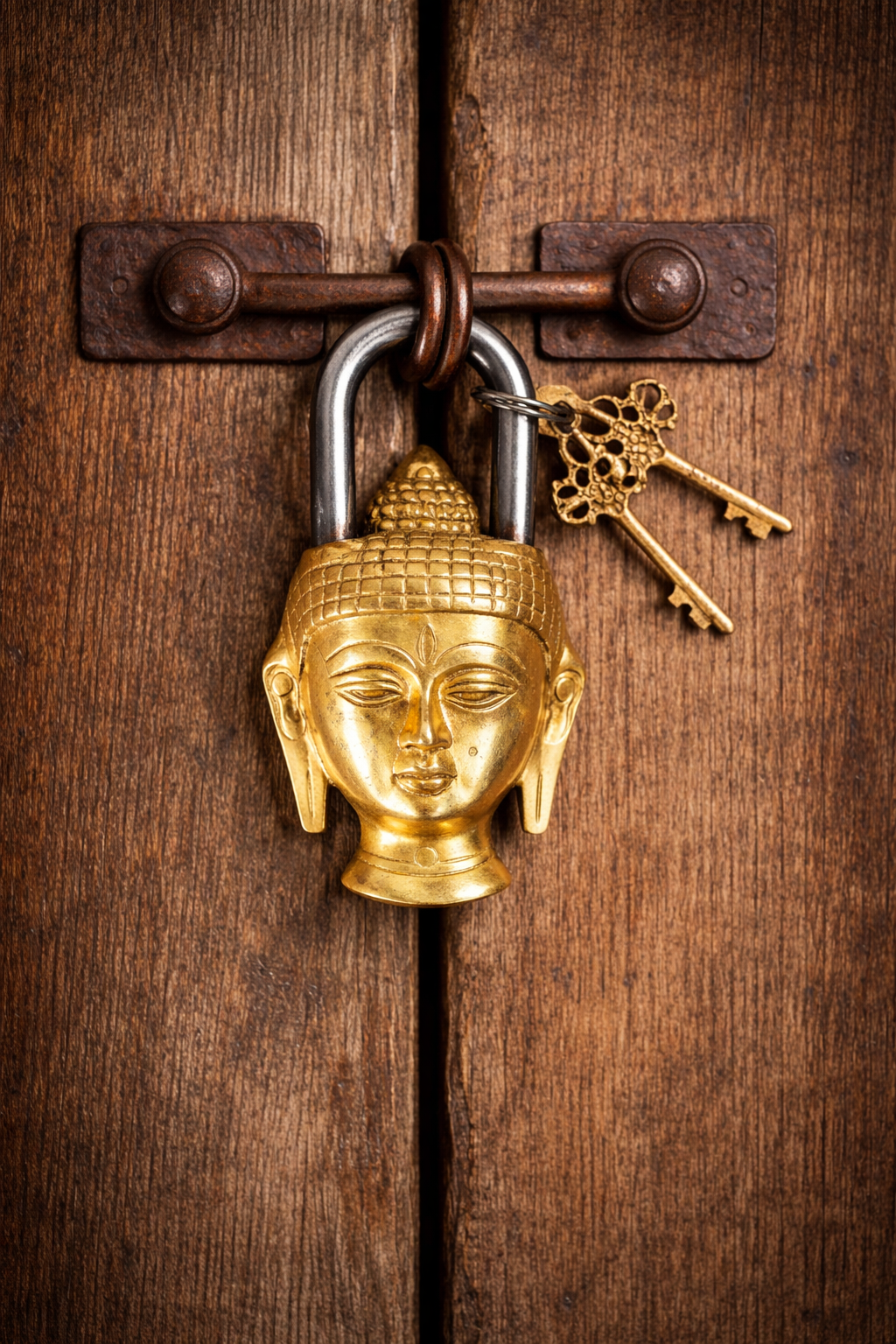 Brass padlock with Buddha head design on a wooden door with a key.