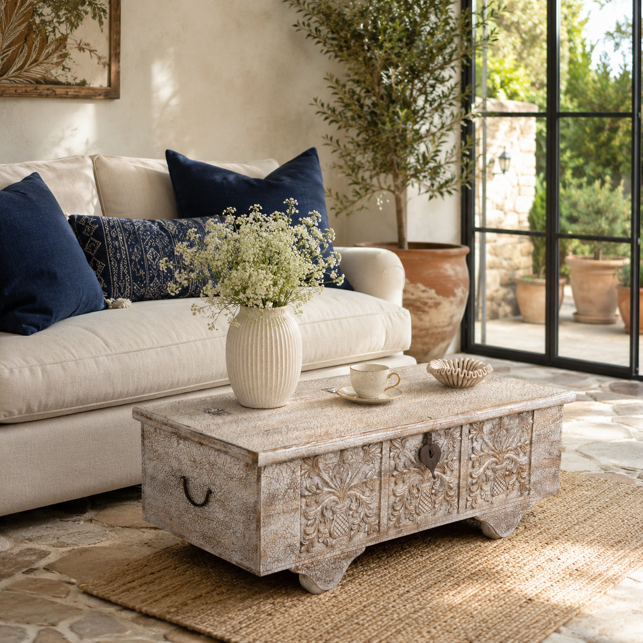 Lifestyle image of a Shaan mango wood storage chest coffee table with carved front, iron fittings, wooden wheels and cream distressed finish 116cm