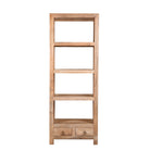 White background image of a Shailee tall mango wood shelving unit with open shelves and two drawers 190cm
