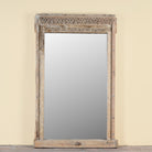 Unique antique reclaimed teak wood wall mirror crafted from a hand carved window frame with bleached finish, Shanika 110x15x176cm