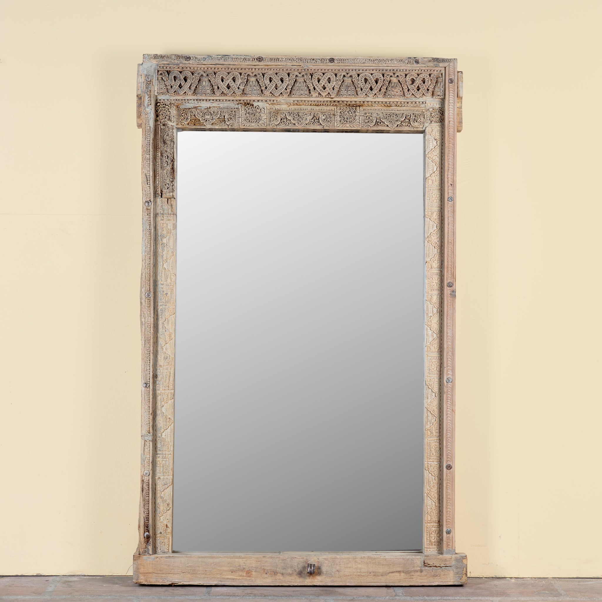 Unique antique reclaimed teak wood wall mirror crafted from a hand carved window frame with bleached finish, Shanika 110x15x176cm