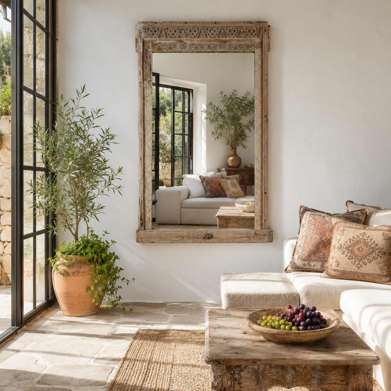 Lifestyle image of a unique antique reclaimed teak wood wall mirror crafted from a hand carved window frame with bleached finish, Shanika 110x15x176cm