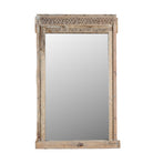 White background image of a unique antique reclaimed teak wood wall mirror crafted from a hand carved window frame with bleached finish, Shanika 110x15x176cm