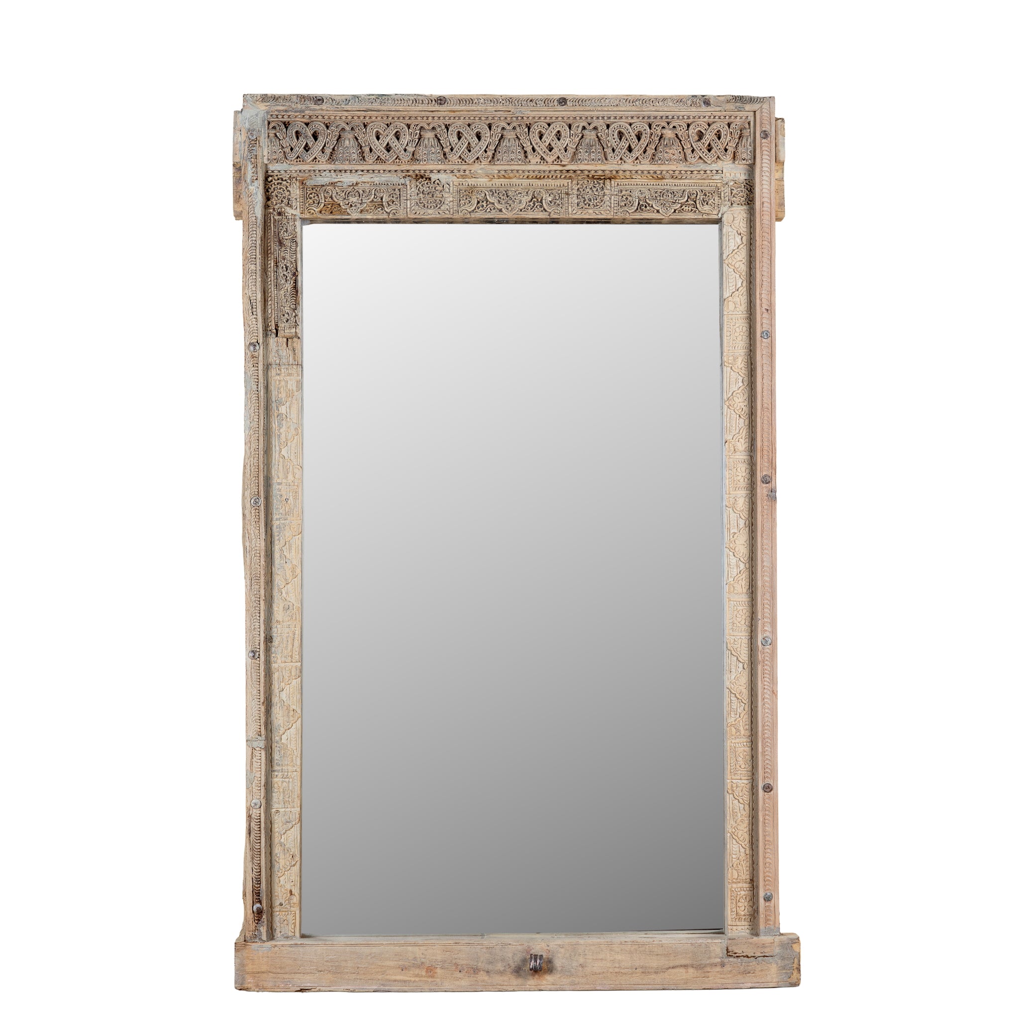 White background image of a unique antique reclaimed teak wood wall mirror crafted from a hand carved window frame with bleached finish, Shanika 110x15x176cm