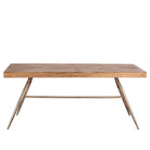 White background image of a Shankhin mango wood dining table featuring an intricately patterned natural wood tabletop with a brass-plated iron base and contemporary industrial design, 180cm.