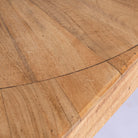 Shankhin mango wood dining table featuring an intricately patterned natural wood tabletop with a brass-plated iron base and contemporary industrial design, 180cm.