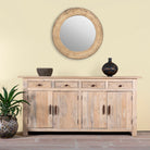 Hand-carved mango wood sideboard with sandblasted finish – a rustic mango wood furniture piece ideal for Ibiza style interiors.