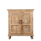 White background image of a Sharad hand-carved reclaimed wood cabinet with two carved doors and natural aged wood character.