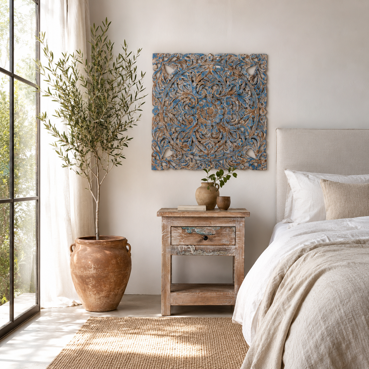Lifestyle image of a Shay carved wooden wall panel made from mango wood with soft floral hand-carving—an artisan wooden wall decoration with natural beauty and handcrafted detail.