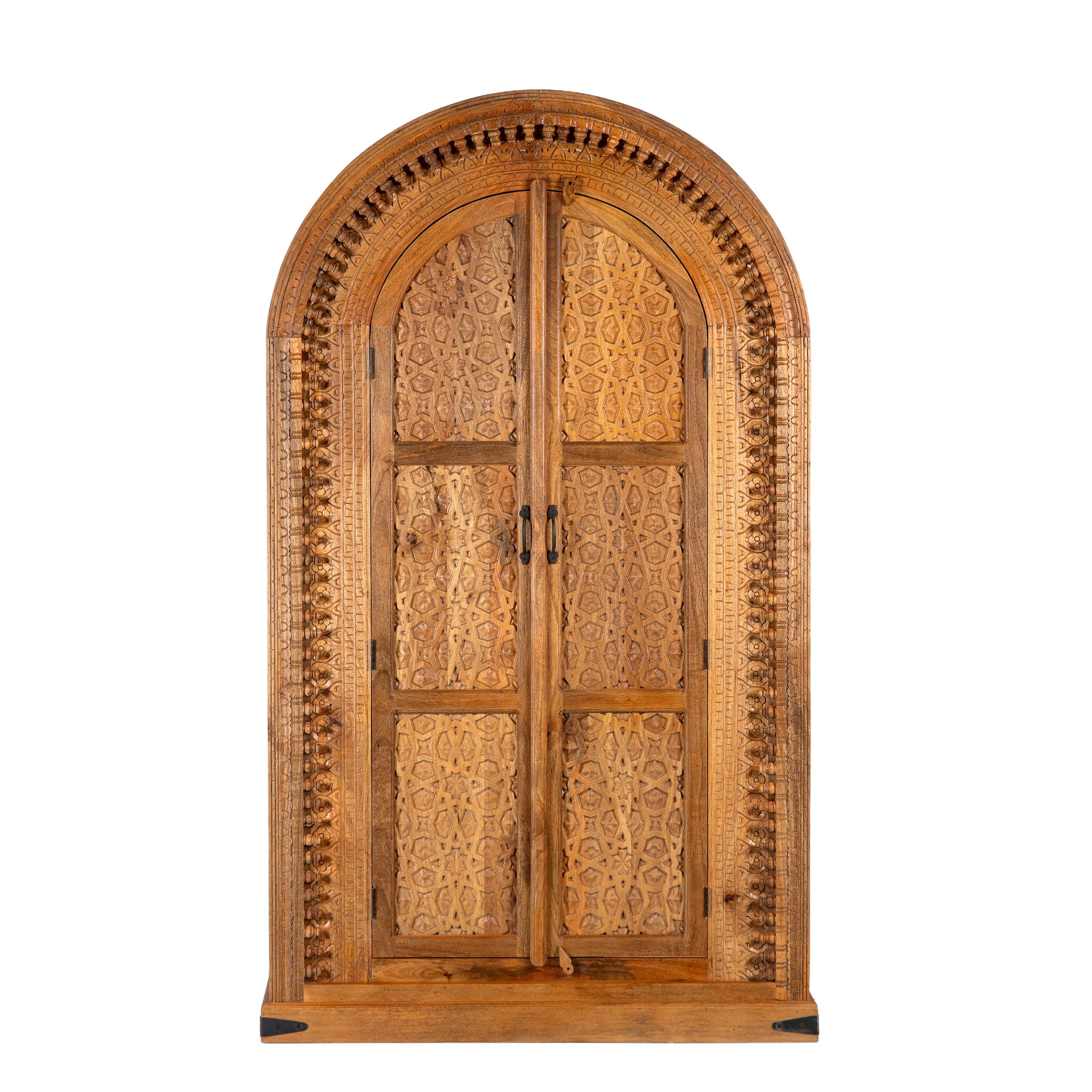 White background image of a Shivaaya hand carved mango wood cabinet with geometric double doors and arched top 210cm