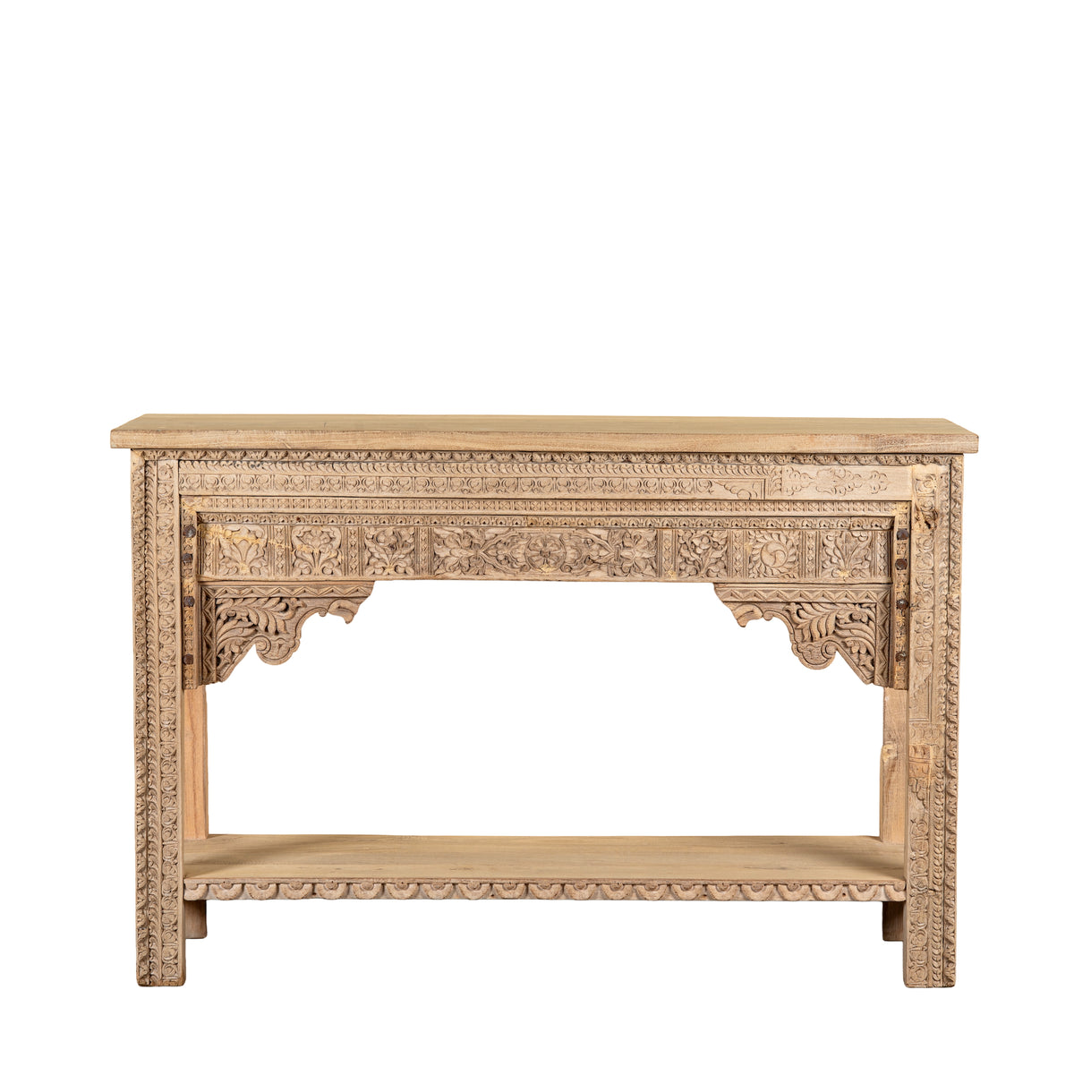 White background image of a Shivam hand carved reclaimed teak wood console table with decorative old Indian house elements and open storage shelf, 132cm wide