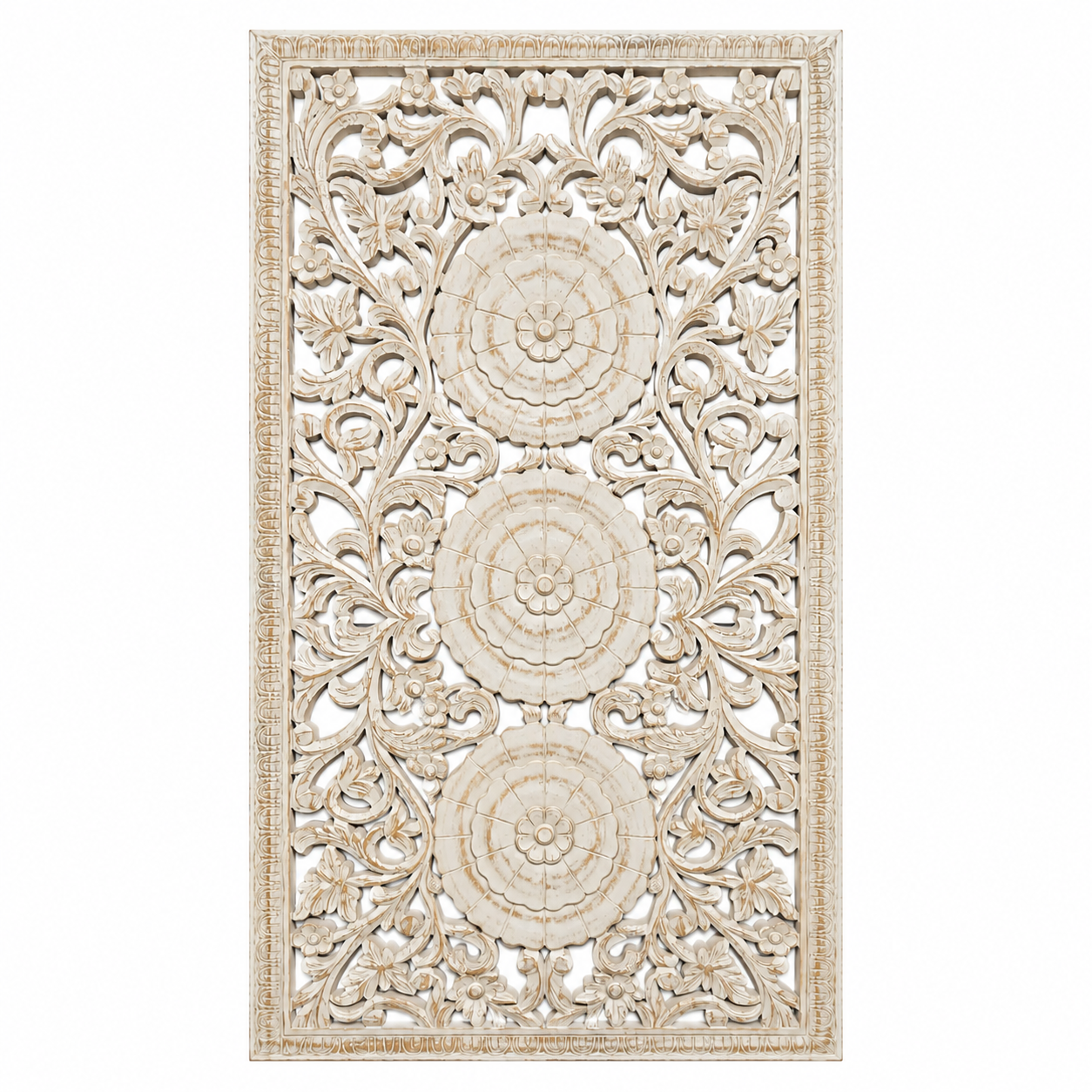 Whitewashed hand-carved mango wood wall panel with intricate floral openwork detailing, designed as elegant vertical wall décor with timeless artisan character.