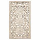 Whitewashed hand-carved mango wood wall panel with intricate floral openwork detailing, designed as elegant vertical wall décor with timeless artisan character.