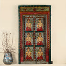 Antique Indian teak wood door with hand-painted figures holding lotus flowers, vintage wall panels and vintage home decor.
