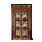 White background image of an antique Indian teak wood door with hand-painted figures holding lotus flowers, vintage wall panels and vintage home decor.