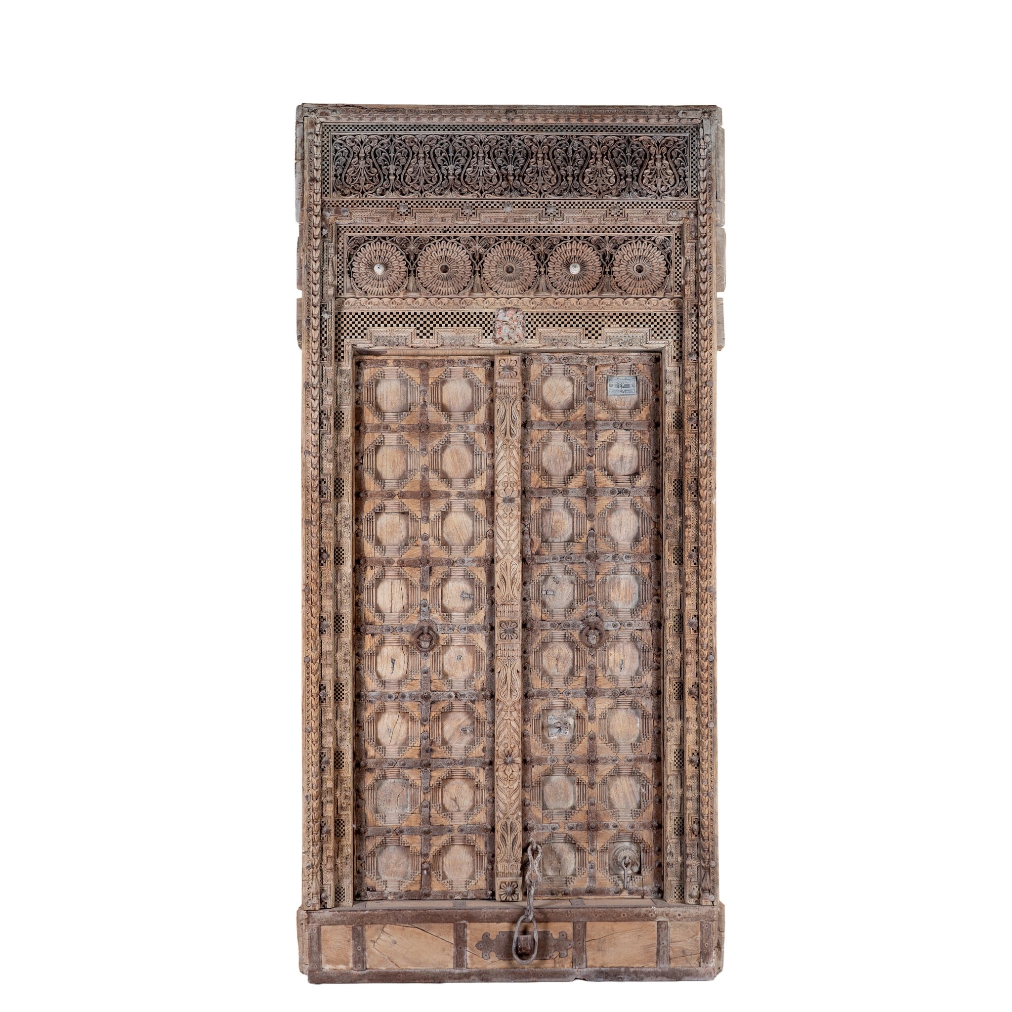White background image of a Shomil antique hand carved Indian teak wood door wall decoration 222cm
