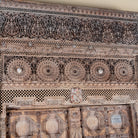 Close up image of a Shomil antique hand carved Indian teak wood door wall decoration 222cm