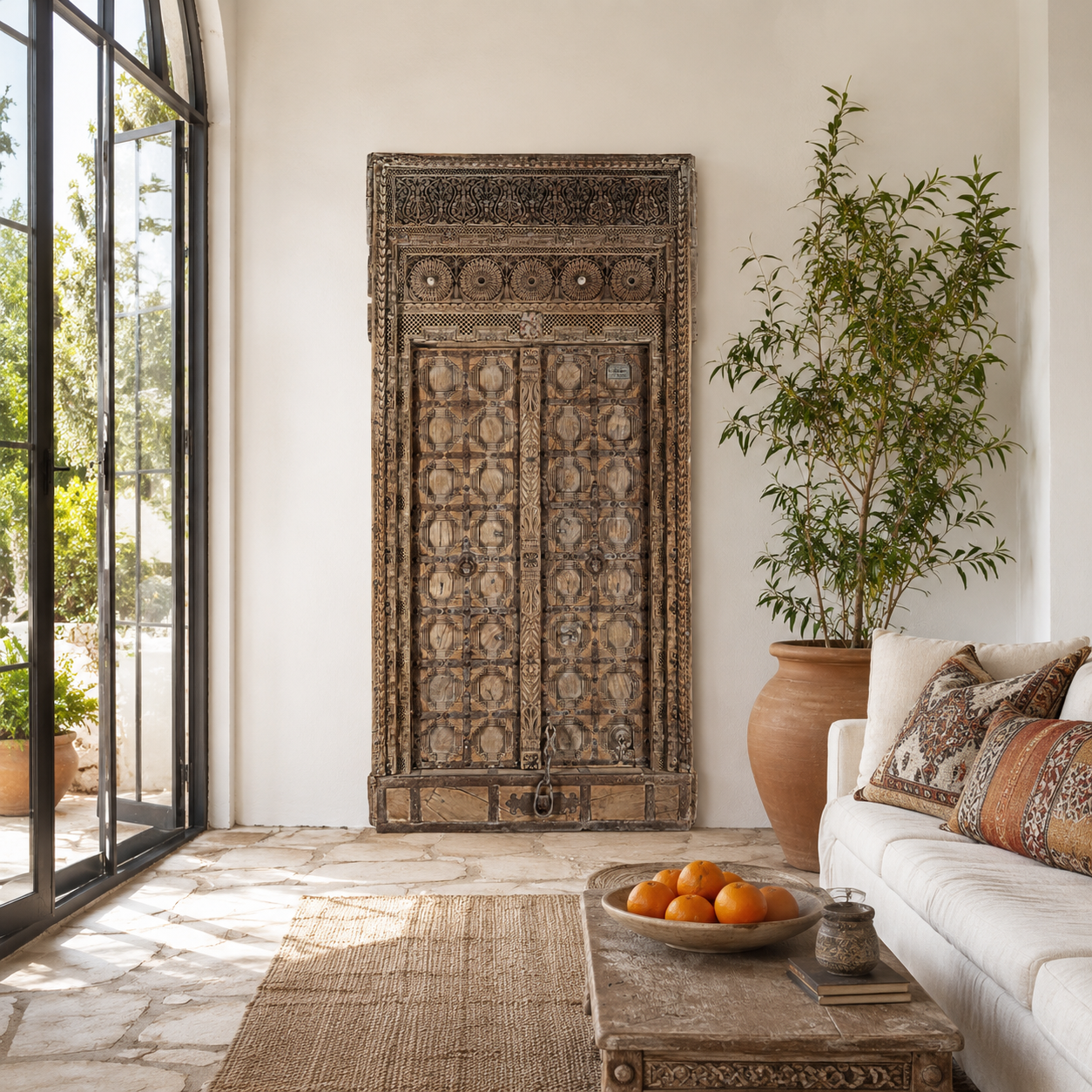 Lifestyle image of a Shomil antique hand carved Indian teak wood door wall decoration 222cm