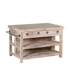 White background image of a white washed mango wood console table with 4 drawers and shelves. Solid wood counter table with rustic vintage look and storage.