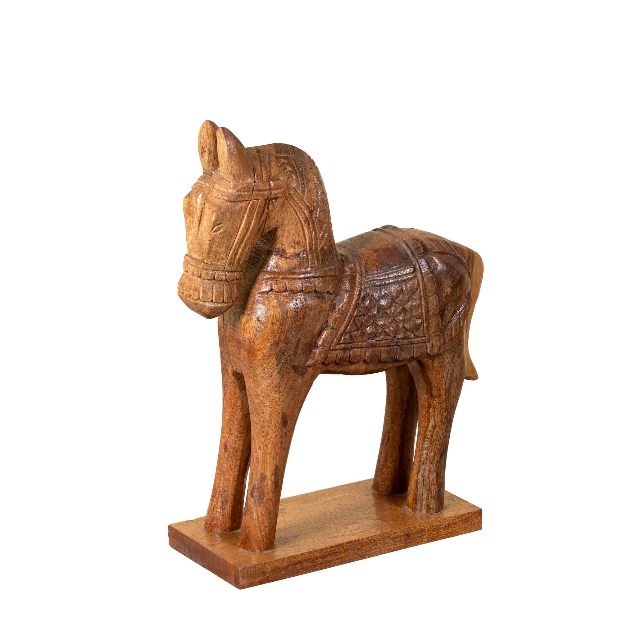 White background image of a hand-carved wooden horse sculpture made from reclaimed wood – Indian vintage home accessory with traditional saddle carving.