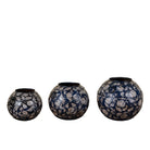 White background image of a set of 3 round hand-painted iron pots with silver floral designs on blue background, artisanal Indian home accessories and vintage decor accents.